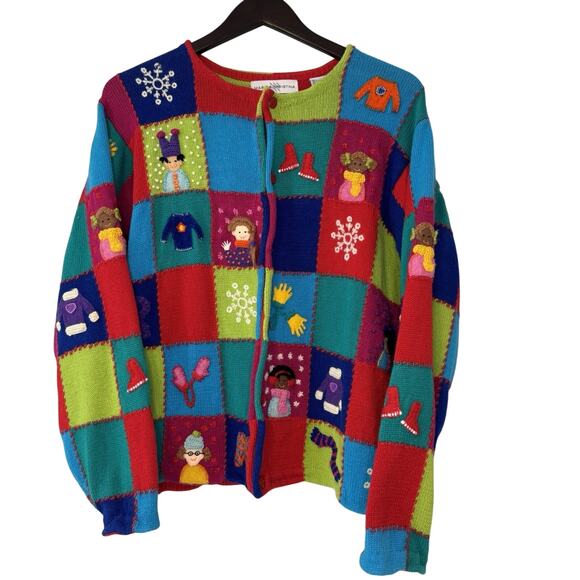 Marisa Christina Sweaters - Marisa Christina Christmas Sweater 2000 Women's XL Winter Dolls Colorful Squares
